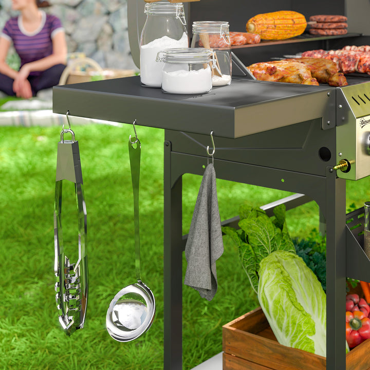 Gasgrill, BBQ-grill, 4 hovedbrændere, 1 sidebrænder, 1 varmeplade; 135 x 55 x 103 cm, sort