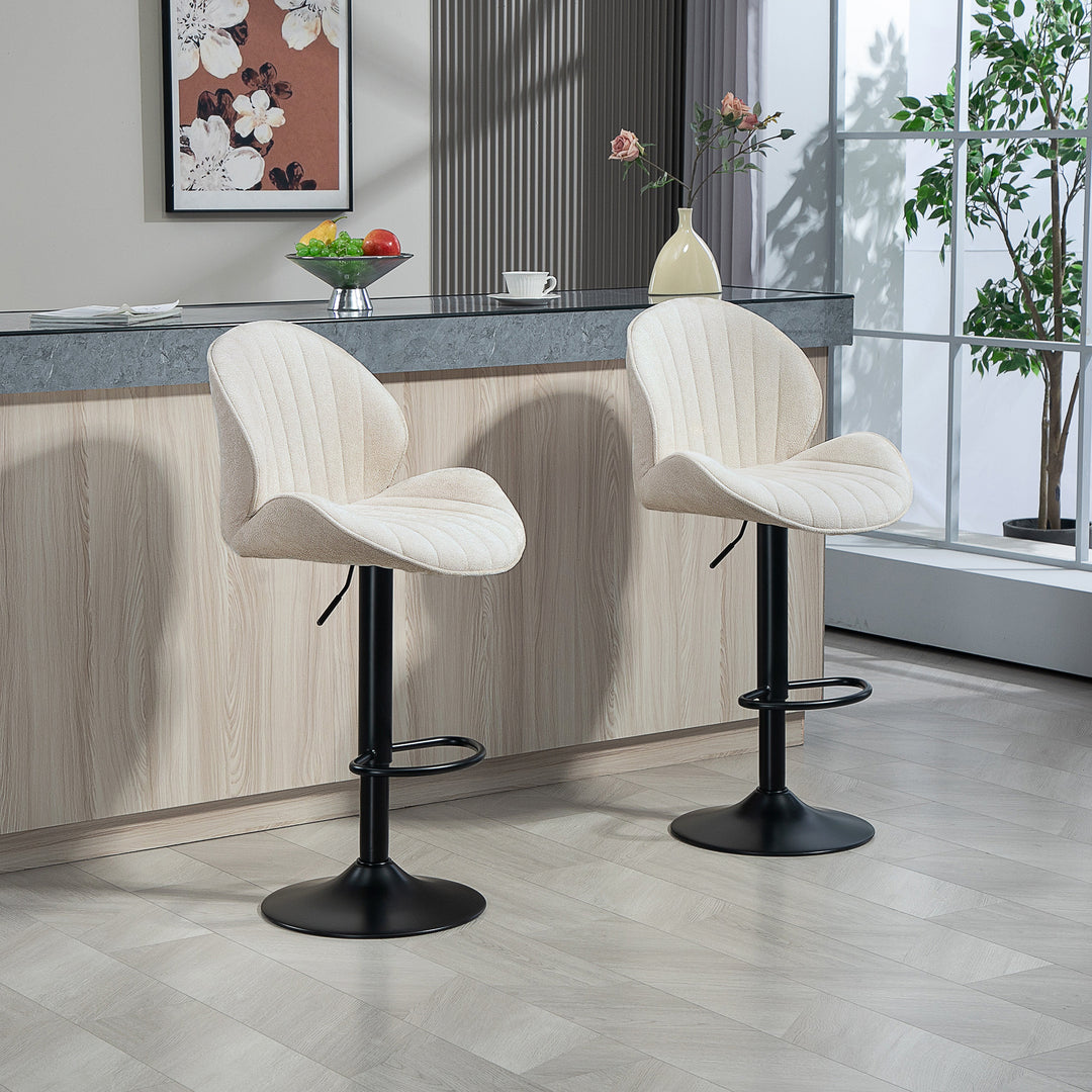 Sæt med 2 barstole, stofbetræk, justerbar sædehøjde, drejelig, stålstel, beige