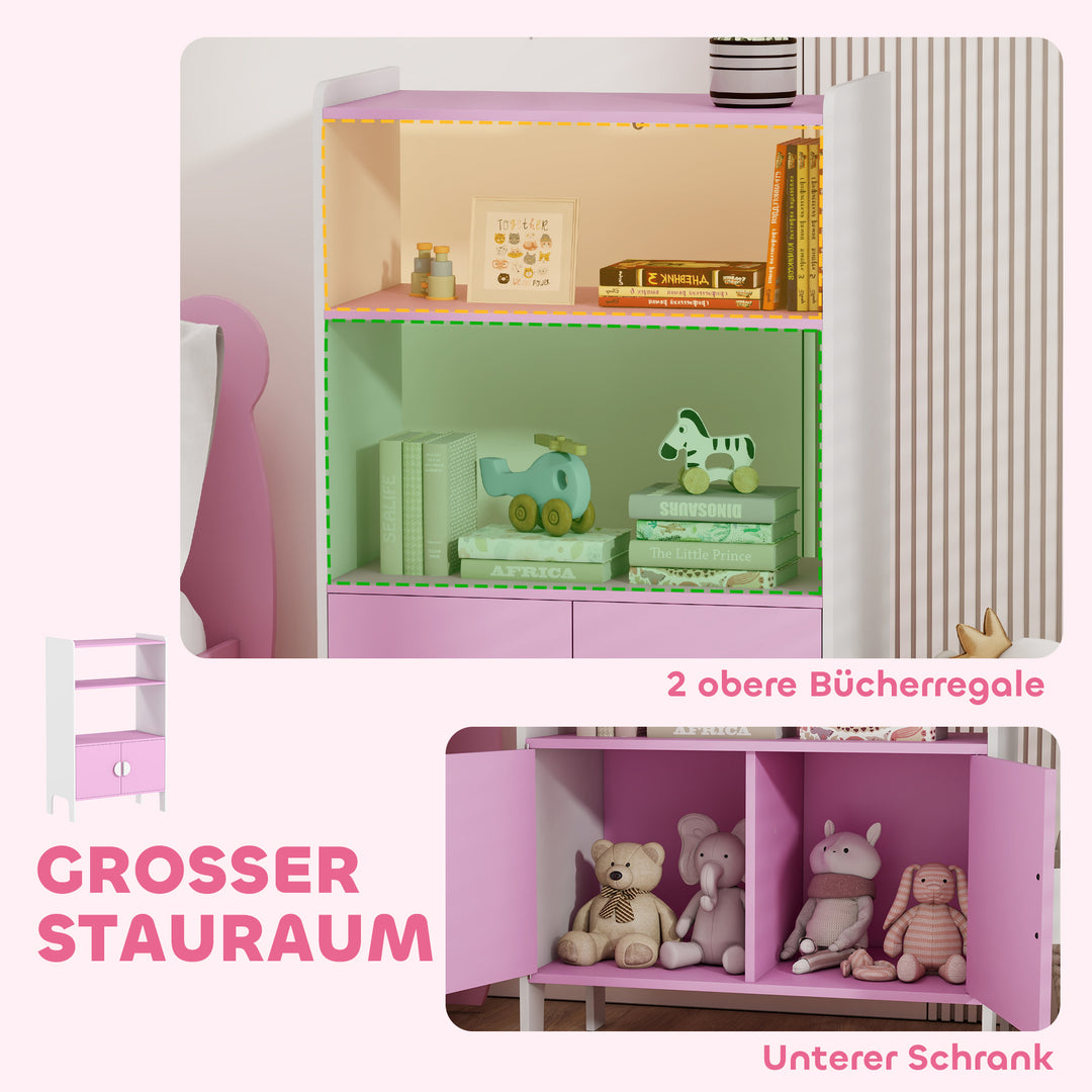 Børnebogreol, 2 hylder, 2 skabe, fritstående, anti-tip design, skridsikre ben, mdf, pink+hvid
