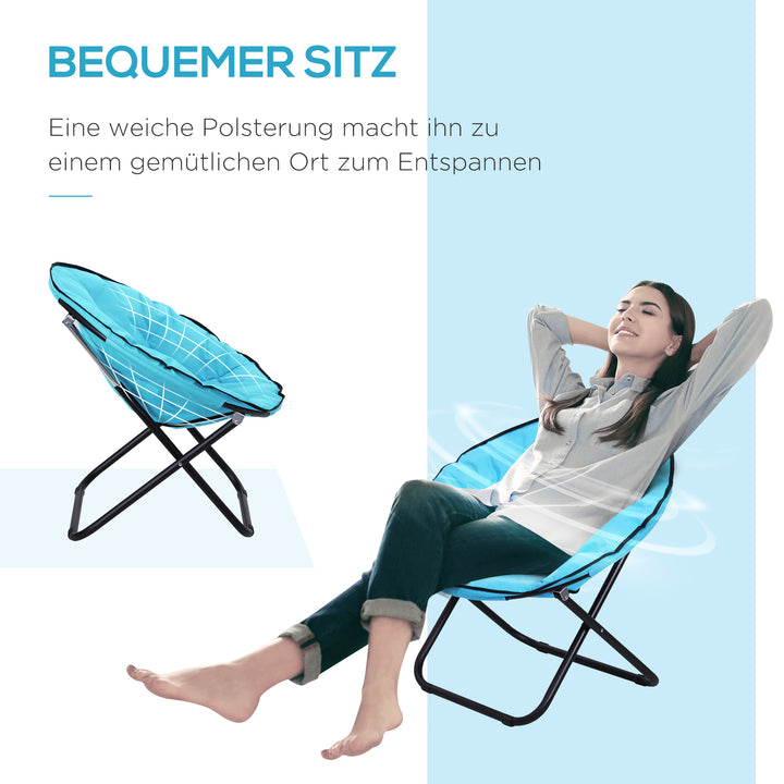 Foldbar campingstol med ryglæn, foldbar stol op til 120 kg, polstret månestol ekstra bred, foldbar udendørsstol til have, balkon, camping, blå
