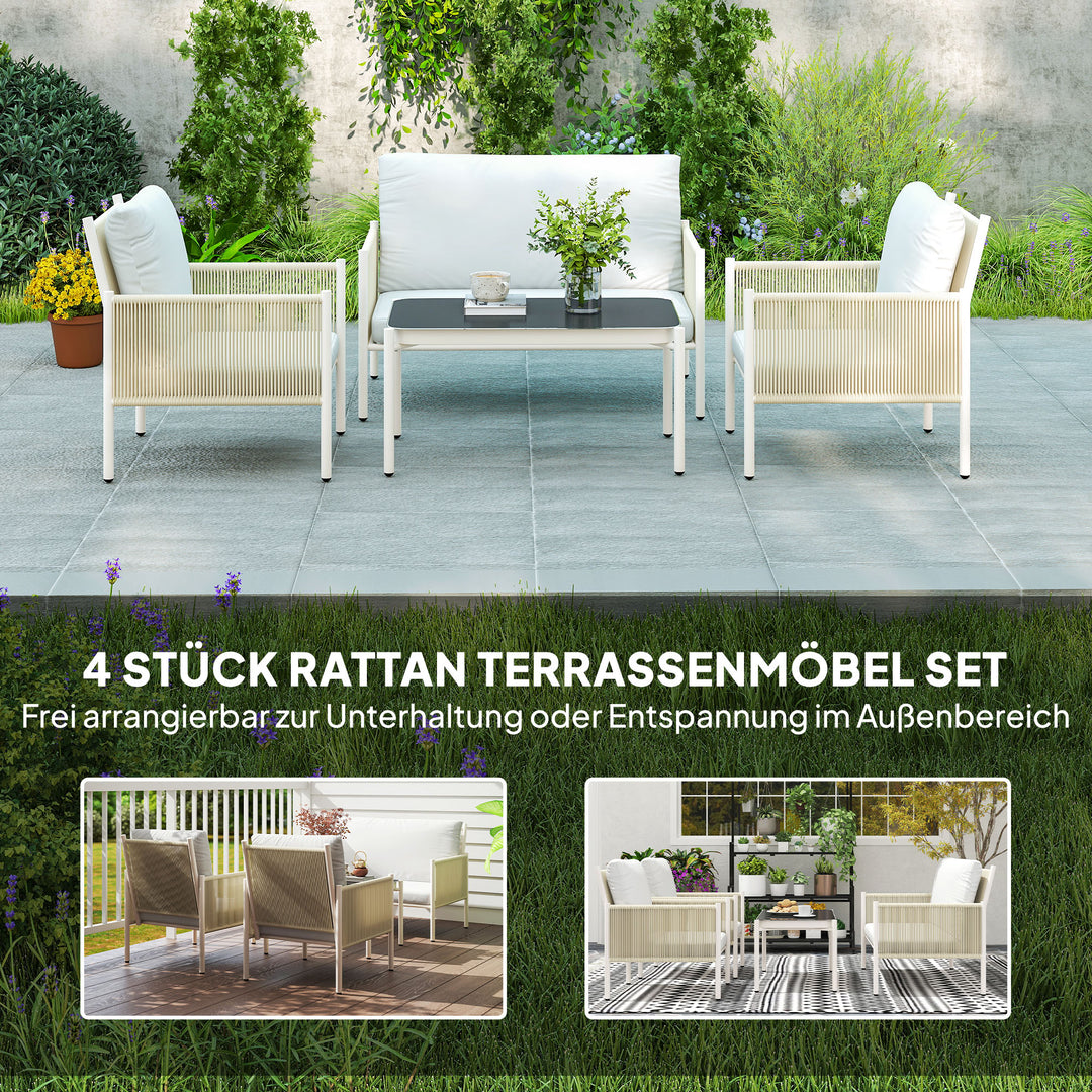 Havemøbelsæt af polyrattan loungesæt med 2-personers sofa, lænestol, glasbord, hynder til 4 personer, brun + grå