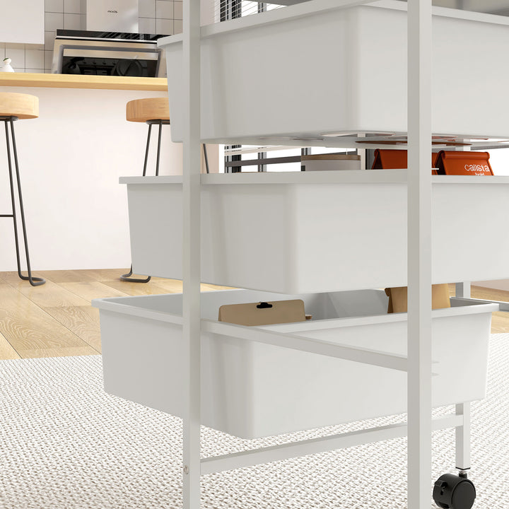 Sidebord med hjul, 3 kurve til transport og opbevaring, køkkenrulle, 40,8L x 33,5B x 60,5H cm, hvid