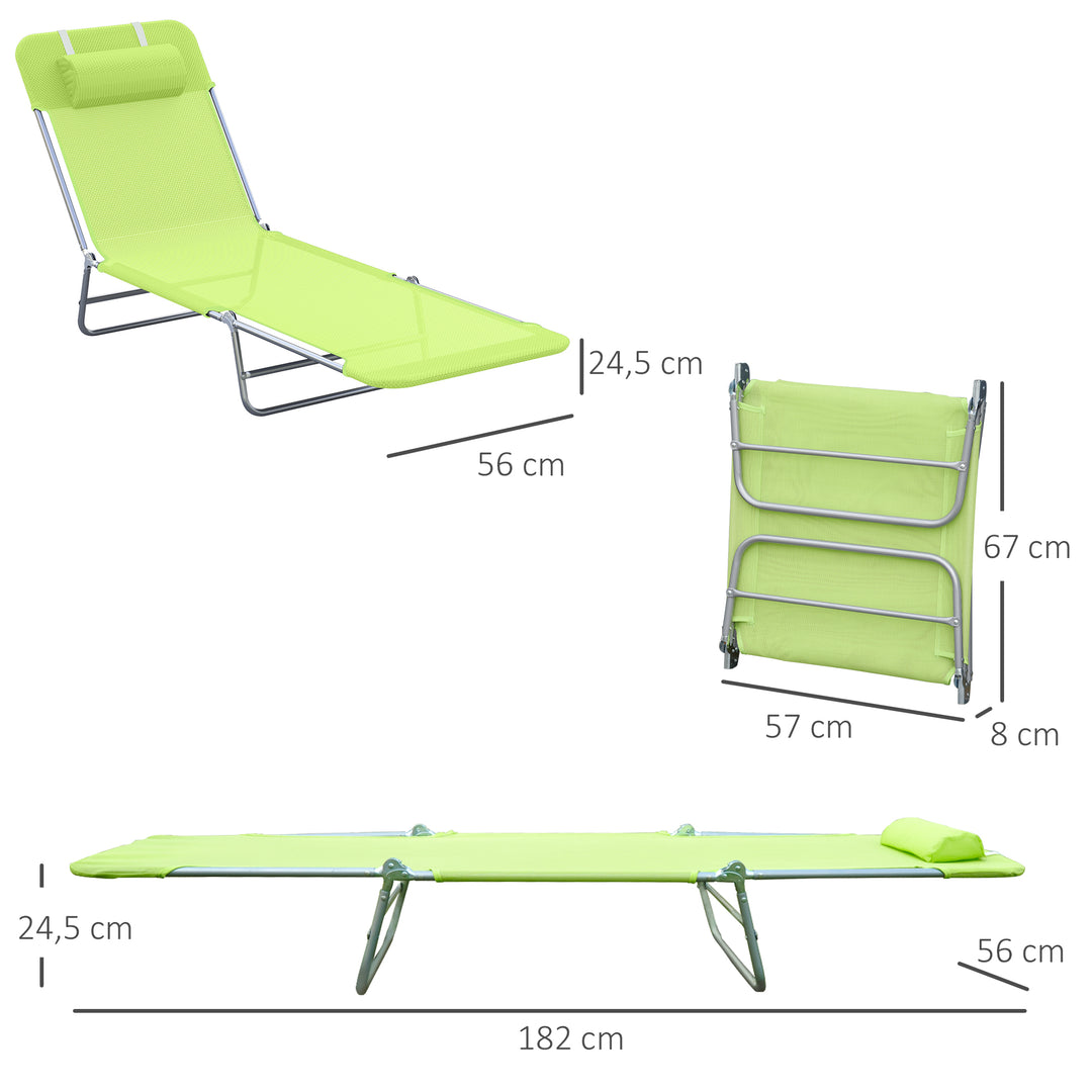 Sammenklappelig liggestol, havestol med nakkestøtte, justerbar liggestol med 5 positioner, campingstol, vægtkapacitet op til 120 kg, egnet til have, balkon og pool, 4 farver (grøn)
