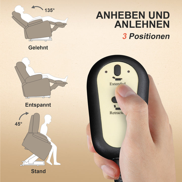 Powerlift-stol, massagestol med varmefunktion, polstret stol med fodstøtte, sidelomme, stofbetræk, beige