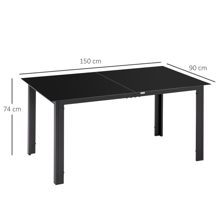 Havebord til 6 personer, vejrbestandigt, hærdet glas, terrassebord, 150 cm x 90 cm x 74 cm, sort