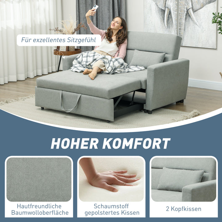 2-Personers sofa med sengefunktion, justerbar ryglæn, polstret sofa, fløjlslook, til stue, soveværelse, lysegrå