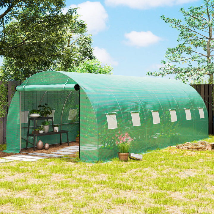 Polytunnel drivhus med plastikdæksel og stålramme, walk-in drivhustelt med rulledøre, grøn