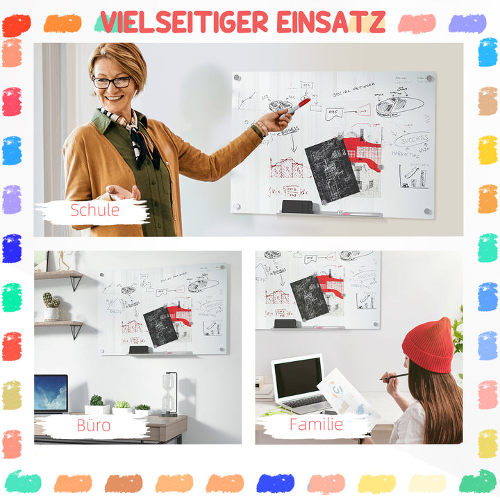 Glas whiteboard, memoboard, whiteboard, 4 penne, 6 magneter, 1 svamp, 1 bakke, hvid