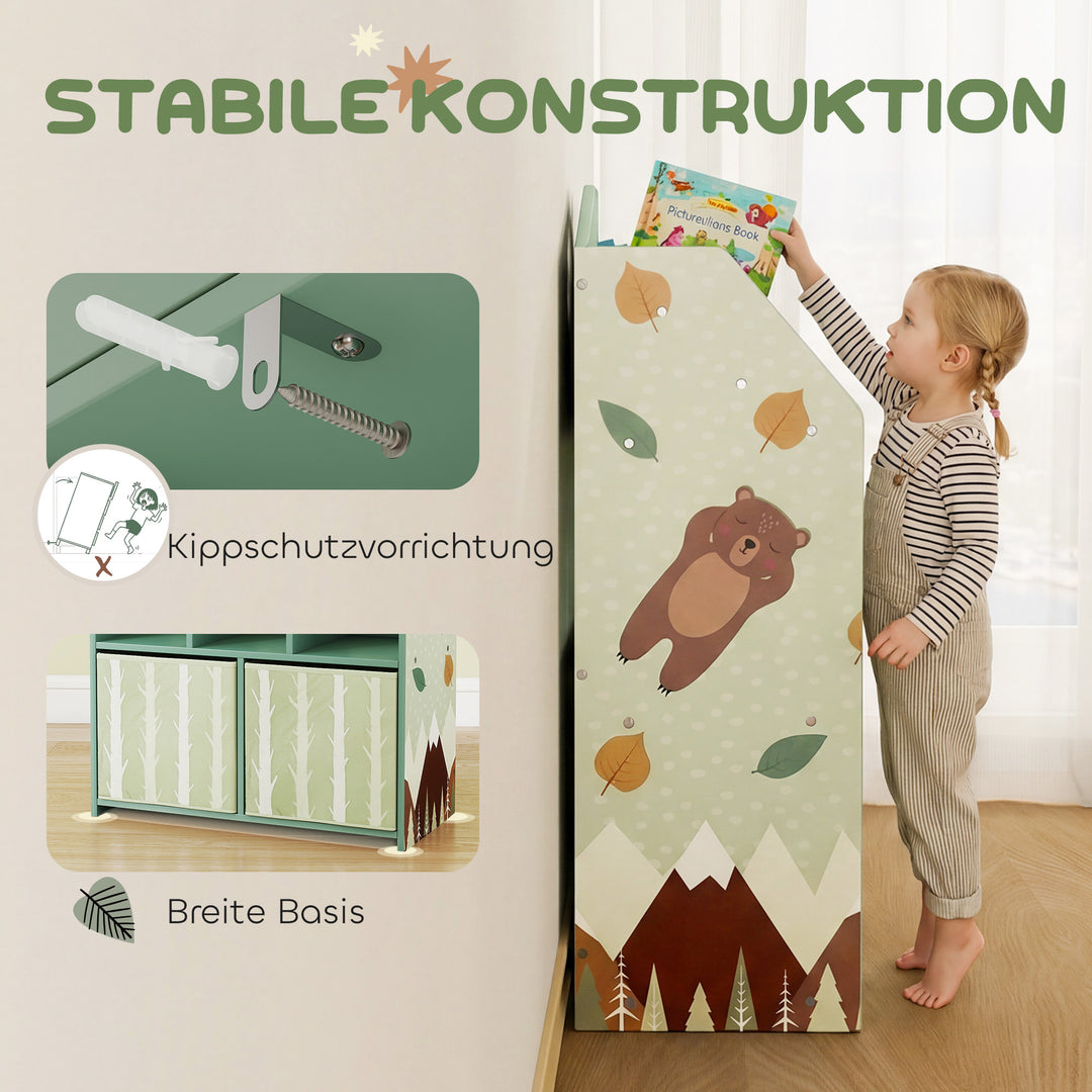 Børnebogreol med 2 stofskuffer, åben hylde til alderen 3-8, 62,5x30x91,5 cm, grøn