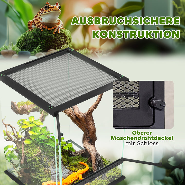 Terrarium, glasindkapsling, aflåselig, kabelhåndtering, 45x45x60cm, sort
