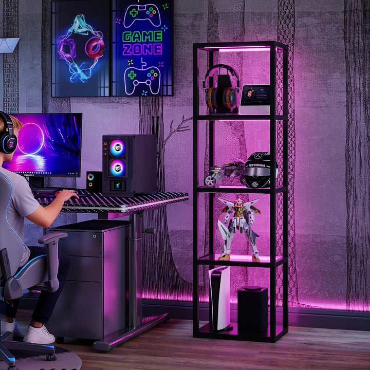 RGB-gulvlampe med glashylder, 4-lags LED-gulvlampe med fjernbetjening, musiksynkronisering, sort