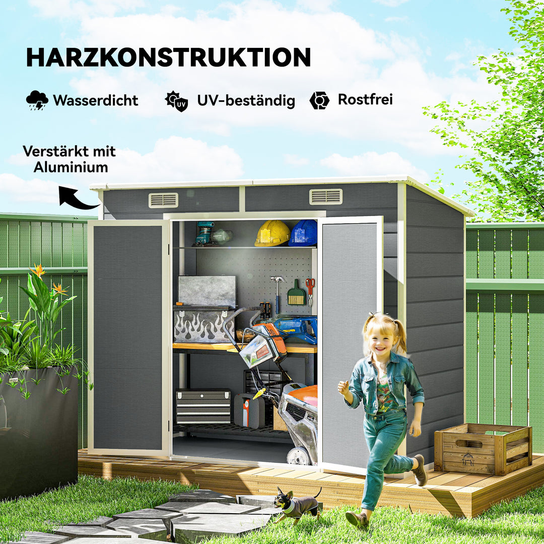 2,4 x 1,3 m haveskur, plastik havehus med gulv, vindue, aflåselige døre, til have, terrasse, grå