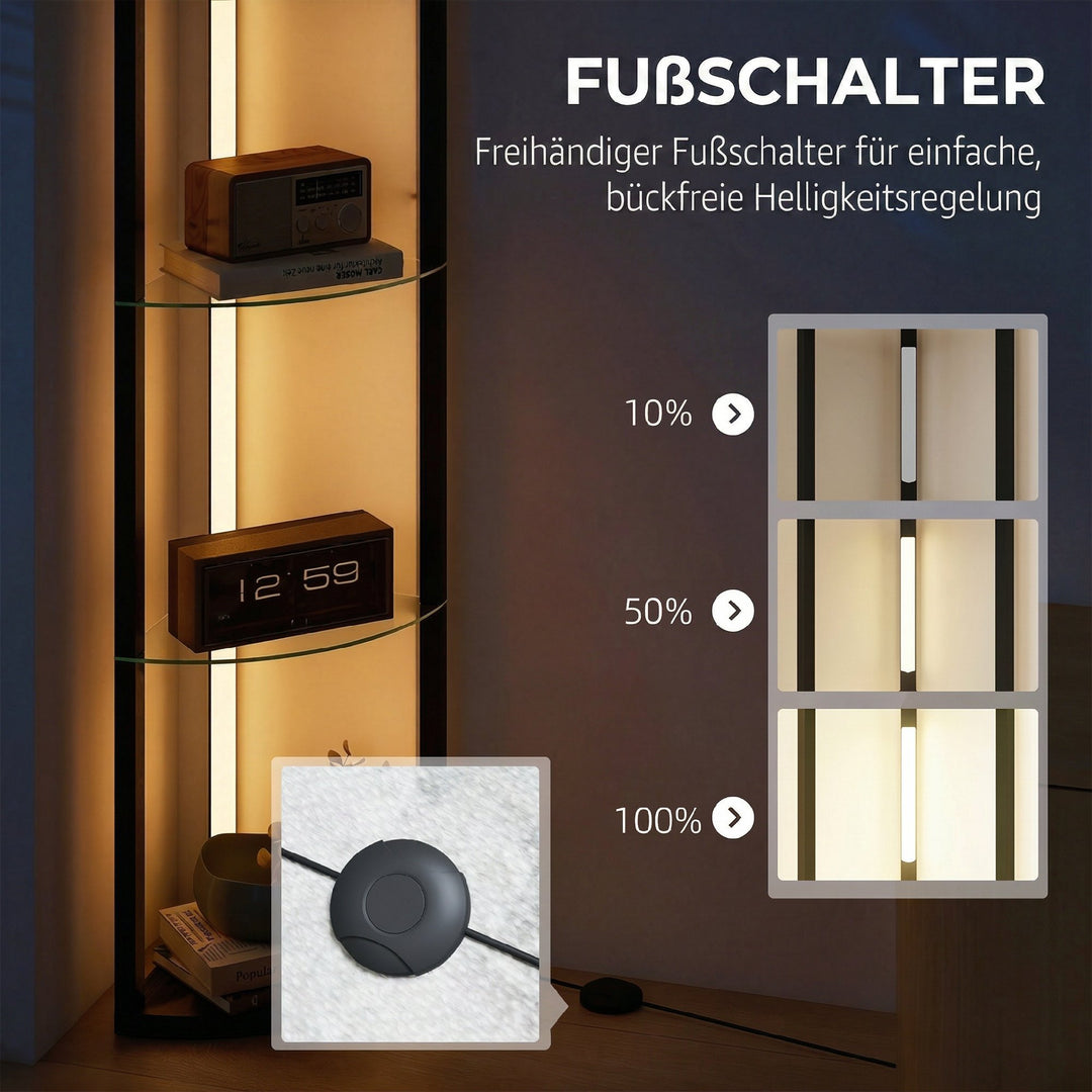 LED-gulvlampe med glashylde, gulvlampe med 3 lysstyrkeniveauer, fodkontakt til stue, soveværelse, sort