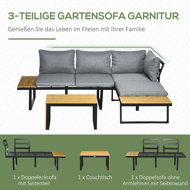 Havemøbelsæt til 3 personer, balkonmøbler med siddehynder, aluminiumsstel, trælook, mørkegrå + natur