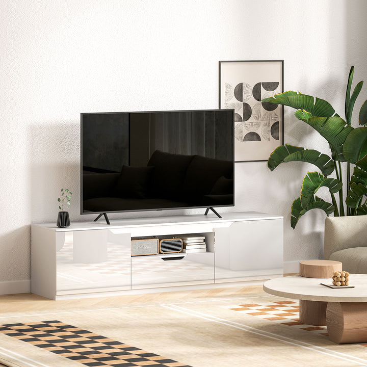 Tv-lavbord, højglans, til tv op til 65'', 3 rum, skuffe, 160 x 38 x 43 cm, hvid