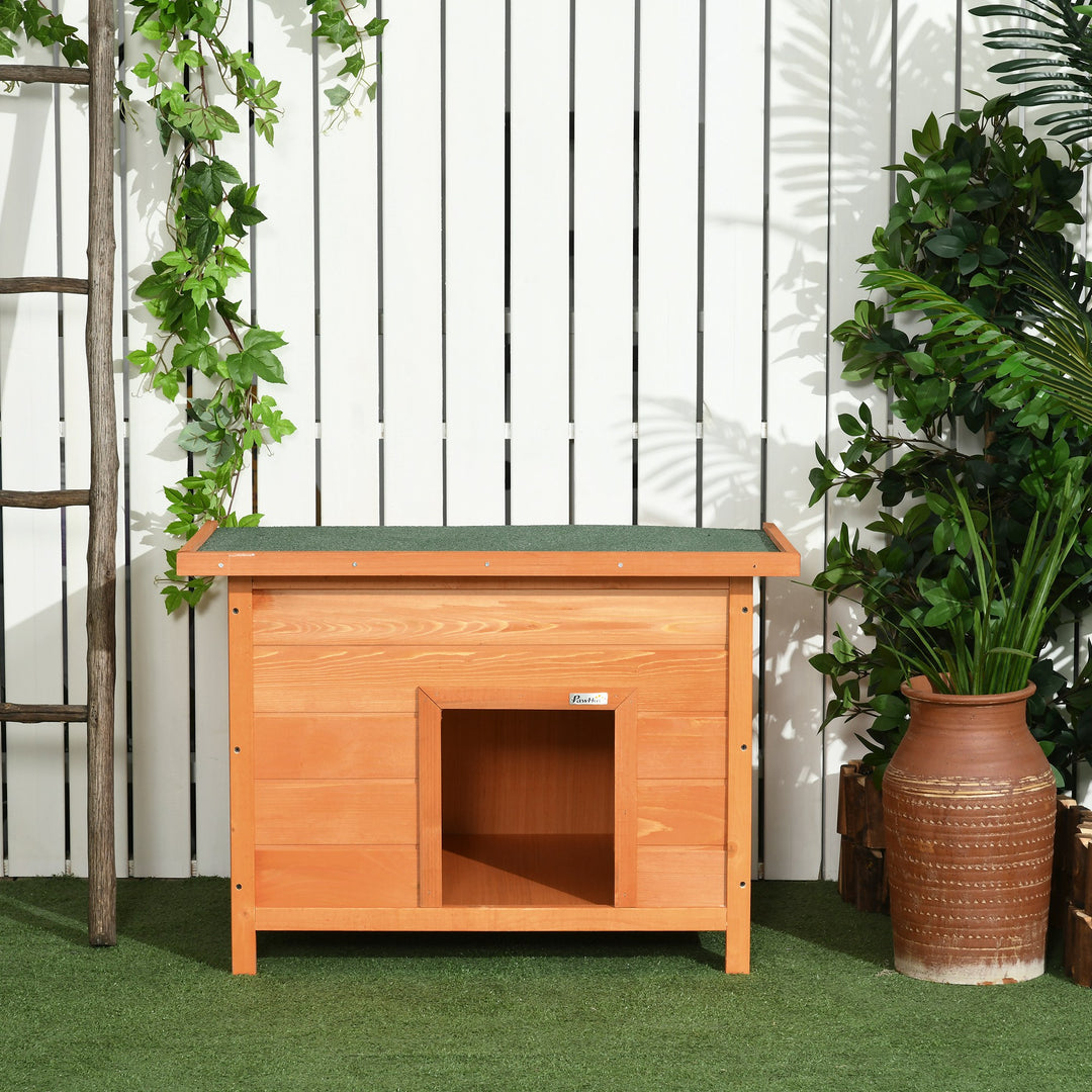 Udendørs hundehus, træhundehus med hængslet asfalttag, vandtæt hundehule med hævet gulv, hus til små hunde, gul, 82 x 58 x 58 cm
