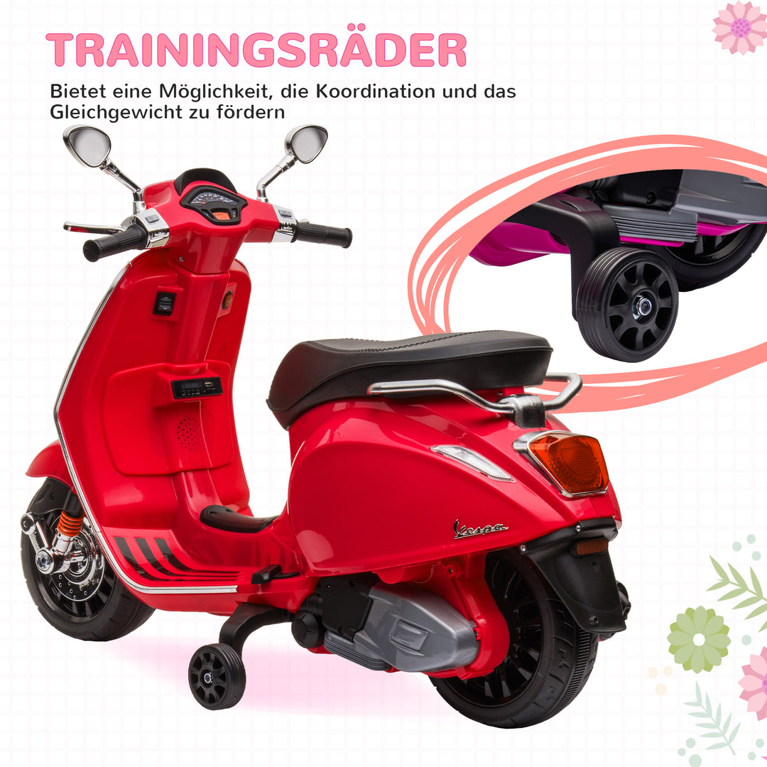 El-scooter til børn, vespa, musik og forlygter, 107x47x73 cm, rød