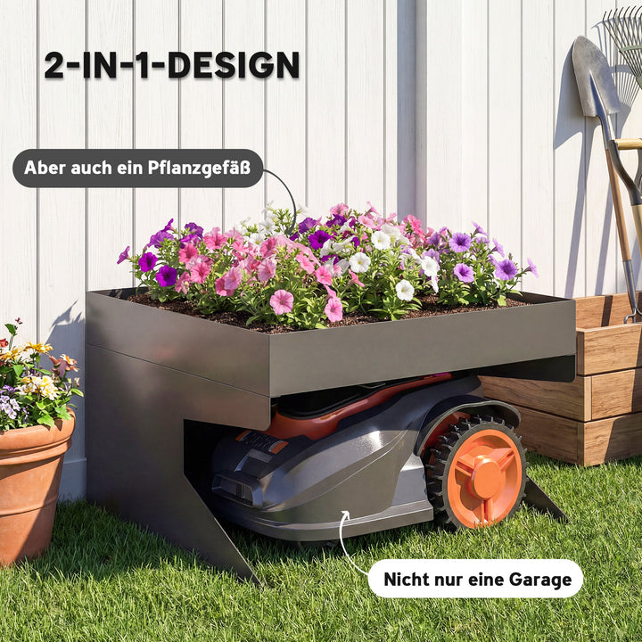 Robotplæneklippergarage, stål, 75 x 70 x 46 cm, med plantekasse, sort