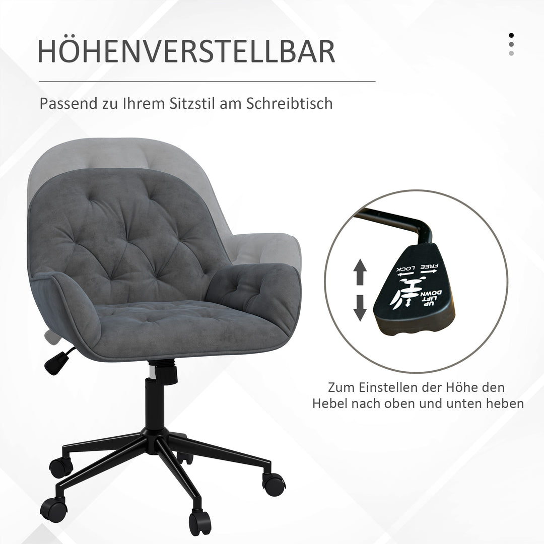Kontorstol, skrivebordsstol, computerstol, højdejusterbar, fløjlslook, grå