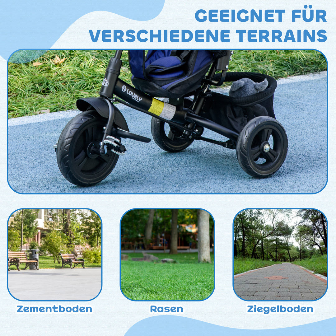Børnetrecykel, børnecykel, bagkurv, kopholder, solskærm, metal, mørkeblå