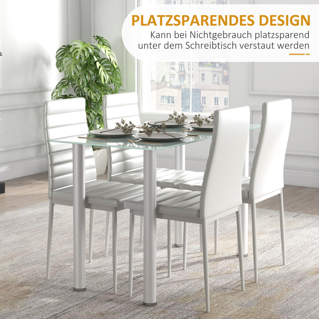 5-delt spisebordssæt, siddegruppe, spisebord med 4 stole, moderne design, glasbord, hvid