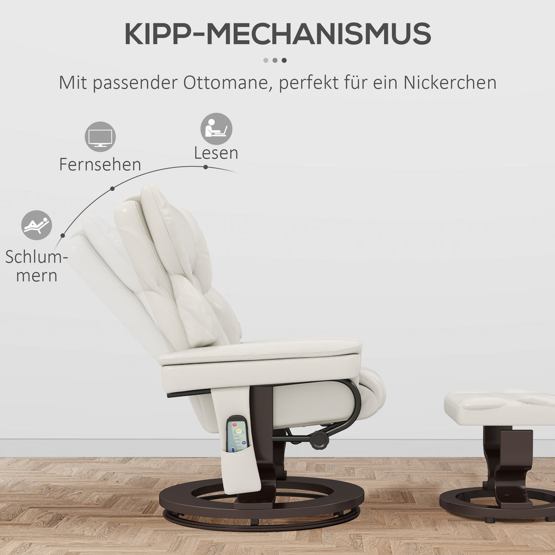 Lænestol med massagefunktion og fodskammel, loungestol, kunstlæder, 79 x 82 x 101 cm, cremehvid