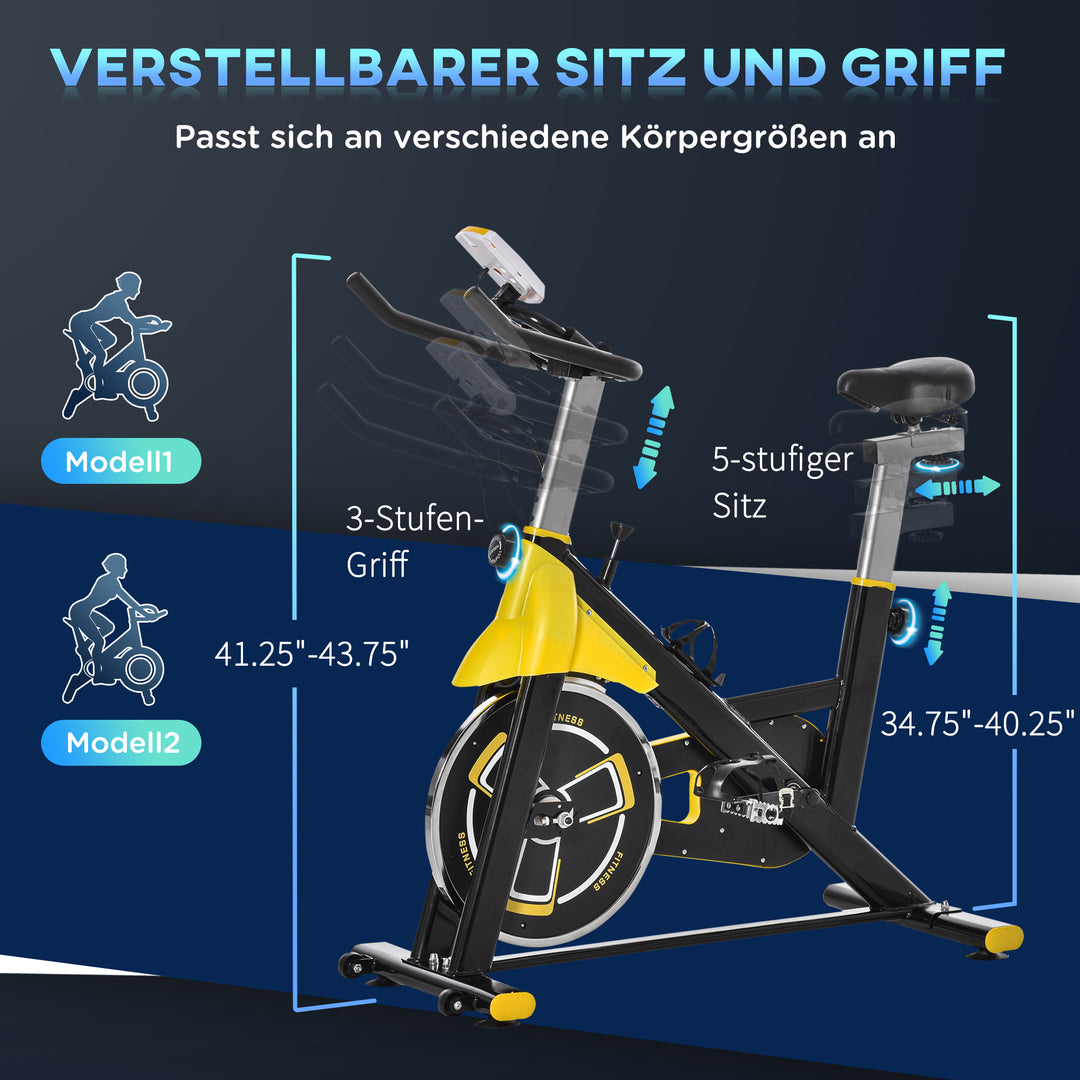 Cykeltræner højdejusterbar motionscykel fitnesscykel rulletræner med remtræk lcd-display stål abs gul + sort 45,5 x 100 x 101-113 cm