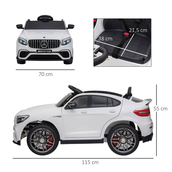 Børnebil 12v mercedes-benz amg glc63s coupe licenseret elbil med fjernbetjent sikkerhedssele 2 x 35w motorer mp337-60 måneder hvid 115 x 70 x 55 cm
