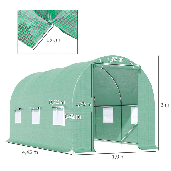 Drivhus 445x190x200cm plastikdrivhus tomathusdør med myggenet, vindue, galvaniseret stålfilmtunnel, staldplantetunnel, drivhus inklusive jordankerreb, grøn