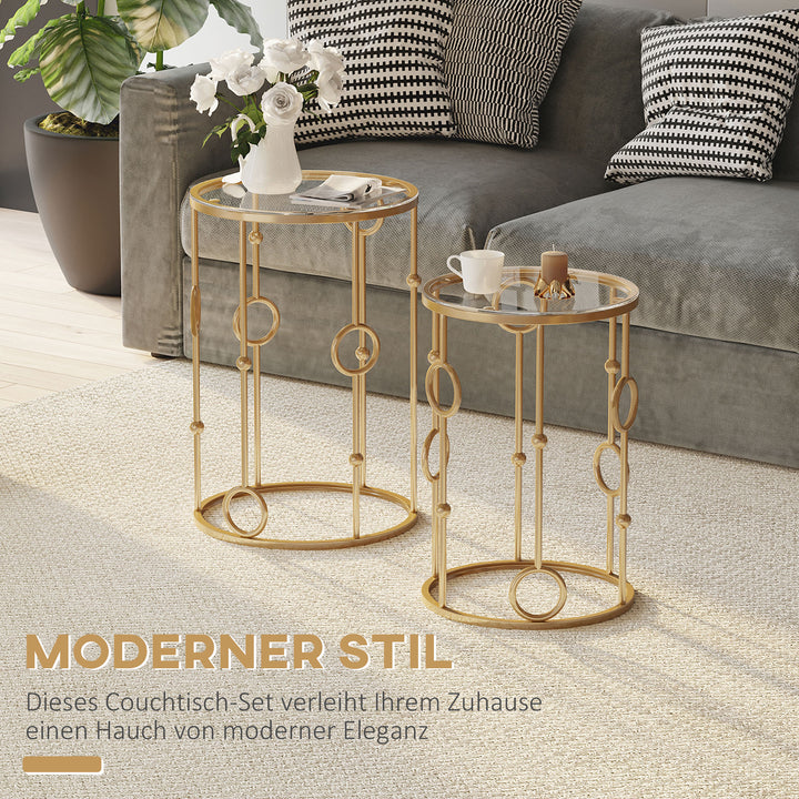 Sæt med 2 sofaborde, sideborde med glasplade, stueborde med dæk- og kugledesign, 41 x 57 cm, guld