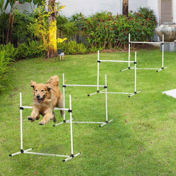 Agility set hunde 4-delt agilityudstyr til hundetræning plug-in forhindringssæt med 4 højdejusterbare forhindringer bæretaske koordinationstræning agilitysæt til spil træning