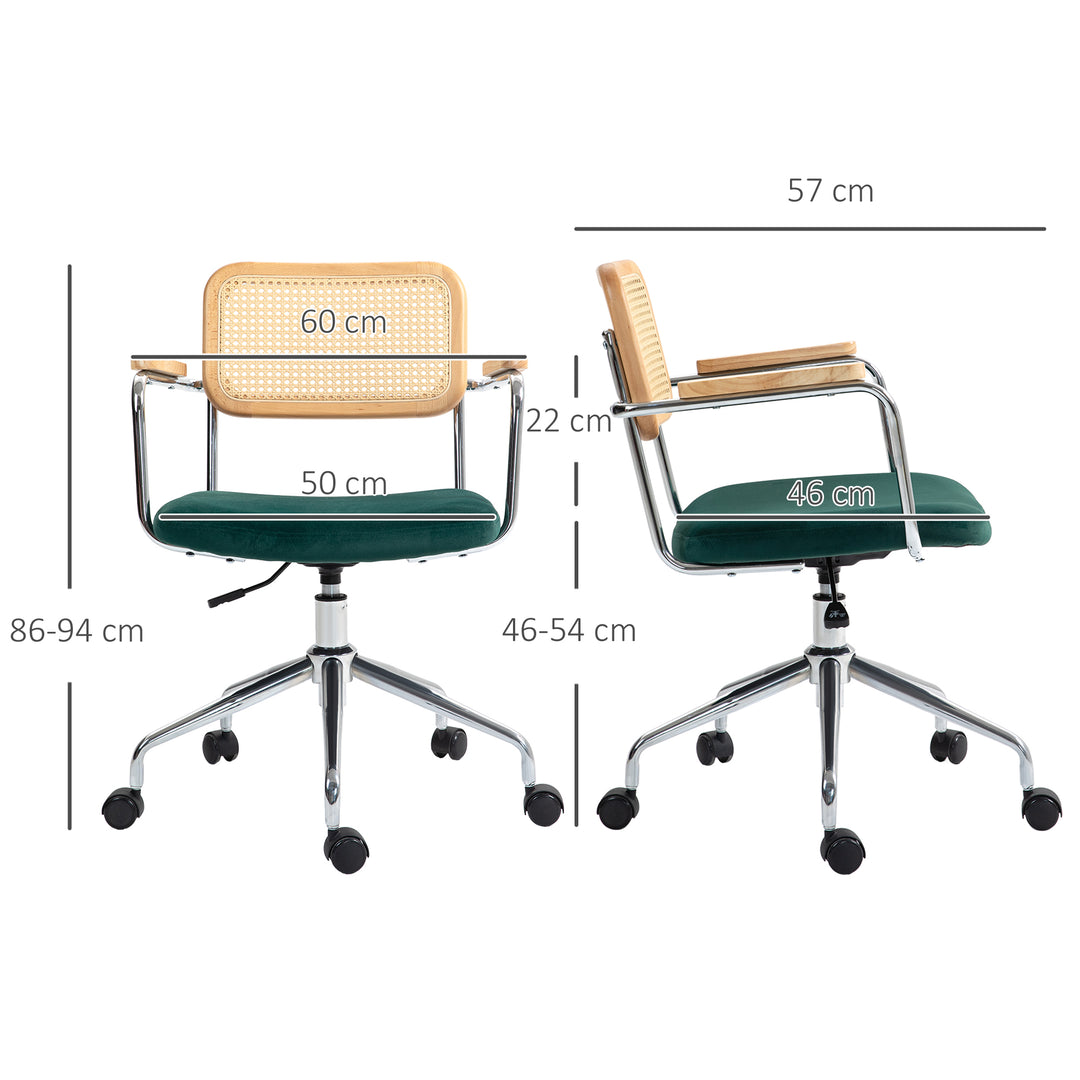 Kontorstol, boho design, armlæn i træ, drejelig, justerbar, op til 120 kg, stål, grøn