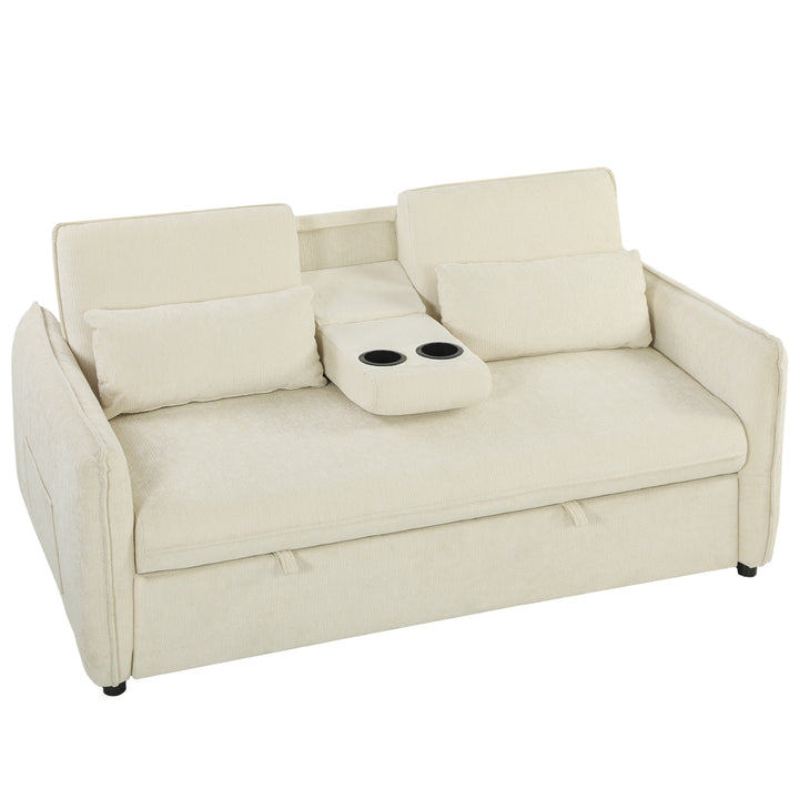 3-i-1 justerbar sovesofa, to-personers med kopholdere, justerbar ryglæn og sidelommer, beige