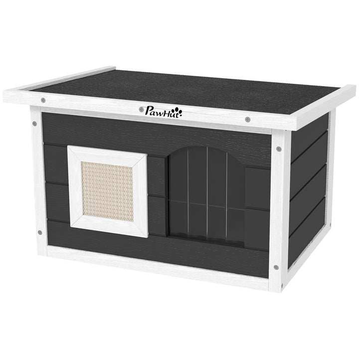 Kattehus, tilflugtssted for katte og kaniner, træhus med kradsemåtte, dørklap, 61 x 45 x 36,5 cm, grå