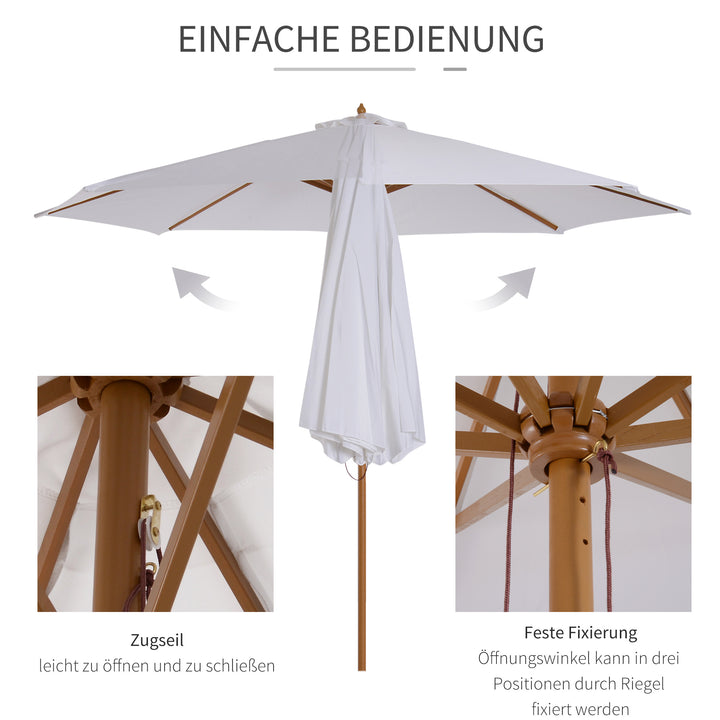 Parasol Ø 300 cm, parasol med UV-beskyttelse, træparasol til balkon, stabil strandparasol, markedsparasol, solbeskyttelse til strand, terrasse, have, hvid