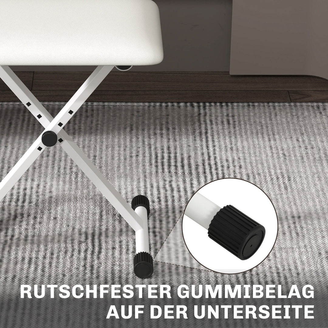 Klaverstol, højdejusterbar, foldbar X-formet klaverbænk med kunstlæderhynde, 39 x 29 x 37-47 cm, hvid