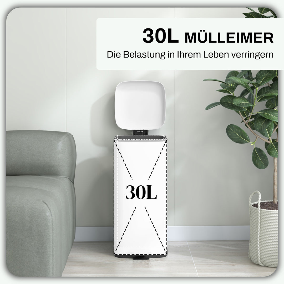 30L affaldsbeholder, soft-close låg, fingeraftrykssikker, fodpedal, metal/plast, 28x35x63,5 cm, hvid