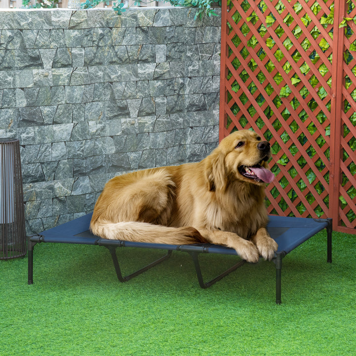 Sammenklappelig hundeseng, udendørs hundeseng, hævet stativ, 122 cm x 92 cm x 23 cm, blå + sort