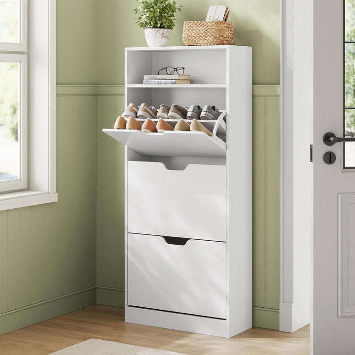 Skoskab med 3 hængslede døre, skoholder, åbent rum, justerbar skillevæg, plads til 14 til 18 par sko, til lille entré, 24 x 60 x 139 cm, hvid