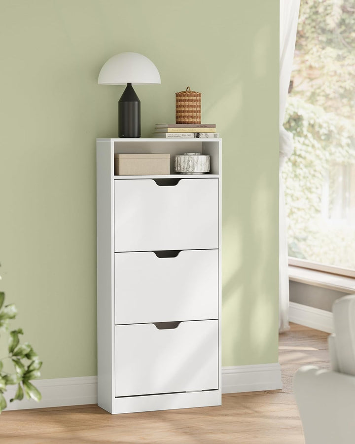 Skoskab med 3 hængslede døre, skoholder, åbent rum, justerbar skillevæg, plads til 14 til 18 par sko, til lille entré, 24 x 60 x 139 cm, hvid