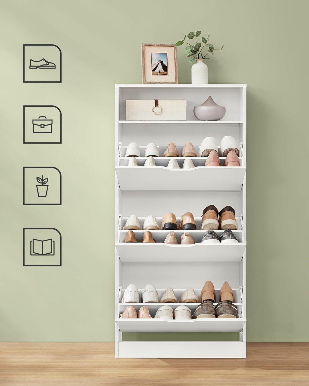 Skoskab med 3 hængslede døre, skoholder, åbent rum, justerbar skillevæg, plads til 14 til 18 par sko, til lille entré, 24 x 60 x 139 cm, hvid