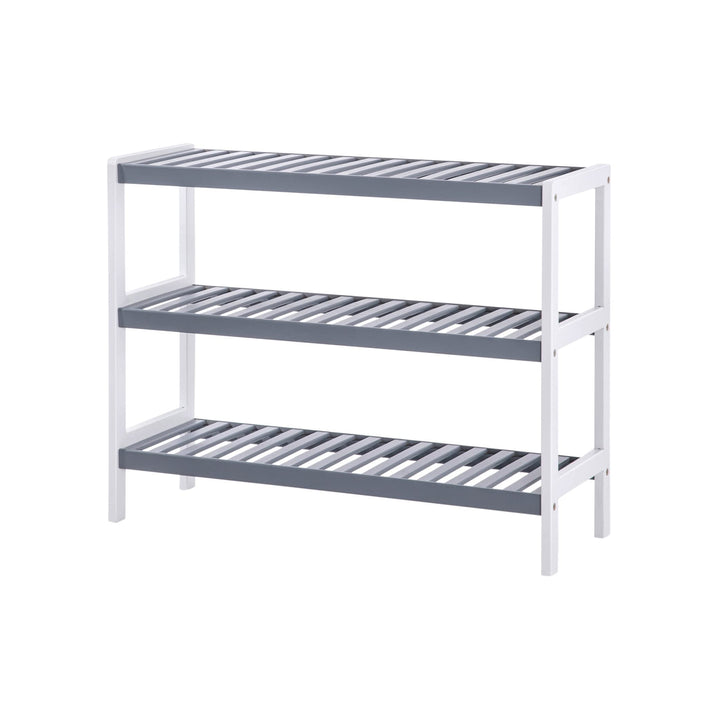 Skoreol / skobænk med 3 hylder i bambus, farver hvid/grå, mål: B70 x D26 x H55 cm