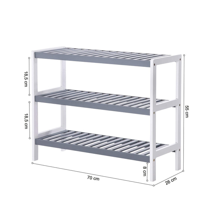 Skoreol / skobænk med 3 hylder i bambus, farver hvid/grå, mål: B70 x D26 x H55 cm
