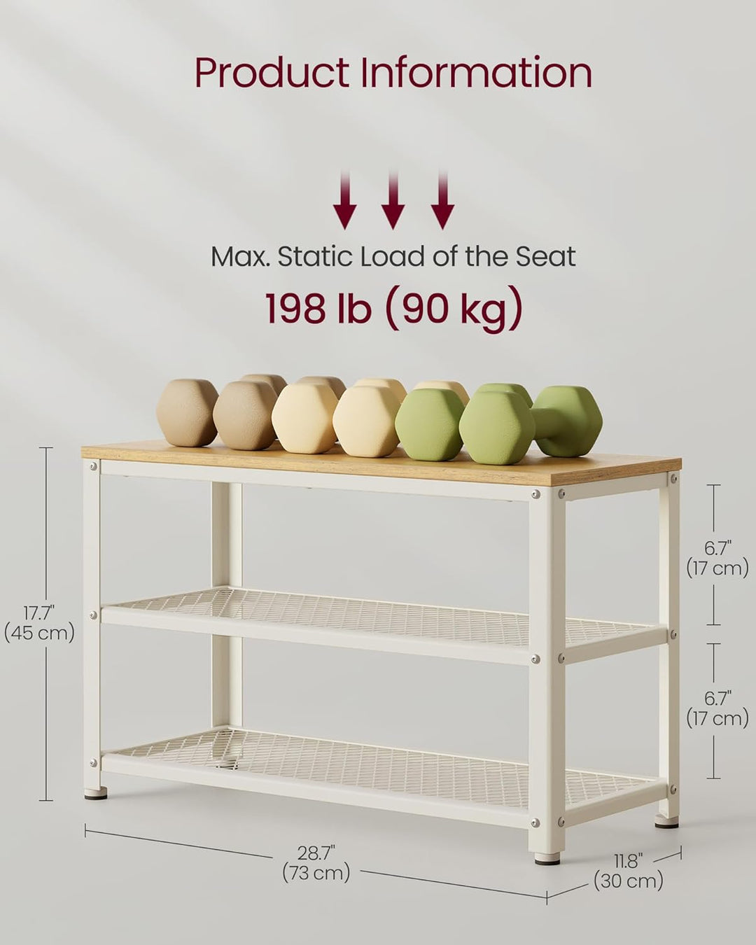 Skobænk med 2 hylder, industrielt design i egetræsbeige og klassisk hvid, 30 x 73 x 45 cm