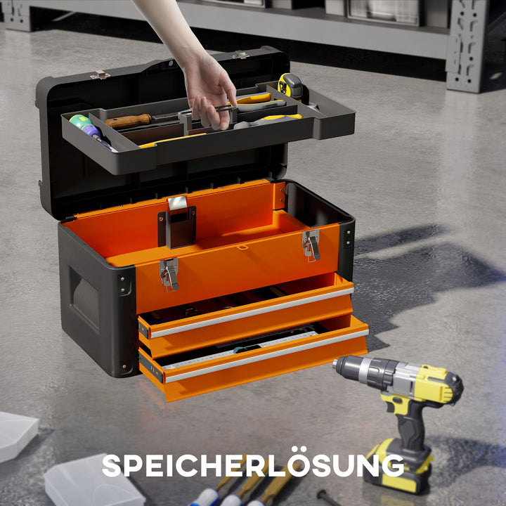 Tom værktøjskasse, 49,7 x 25,3 x 28,9 cm værktøjskasse med skuffe, minikasse stål orange