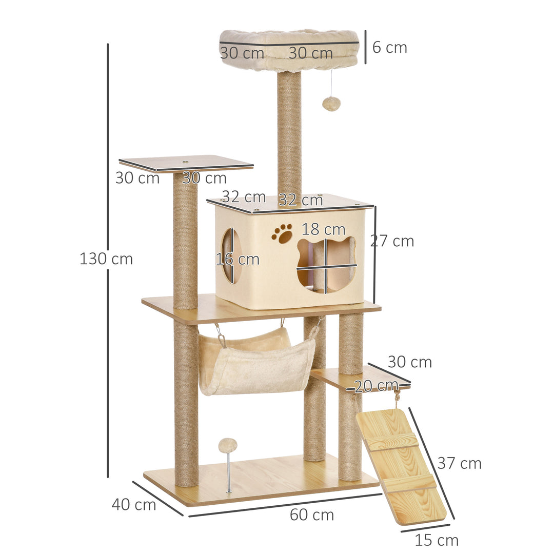 Trækradsetræ med kattehule, jutestolper, stor platform, legebolde, 130 cm høj, stabil, plys, gul, 60 x 40 x 130 cm
