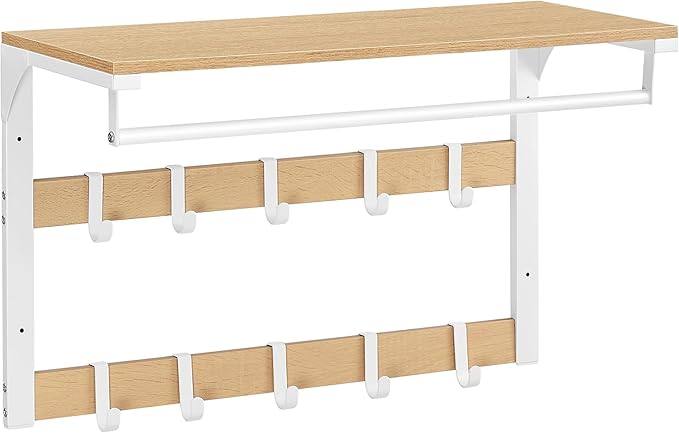 Væghængt knagerække i egetræsfarve og hvid med 10 aftagelige kroge, tøjstang og hylde, mål 30 x 65 x 42 cm