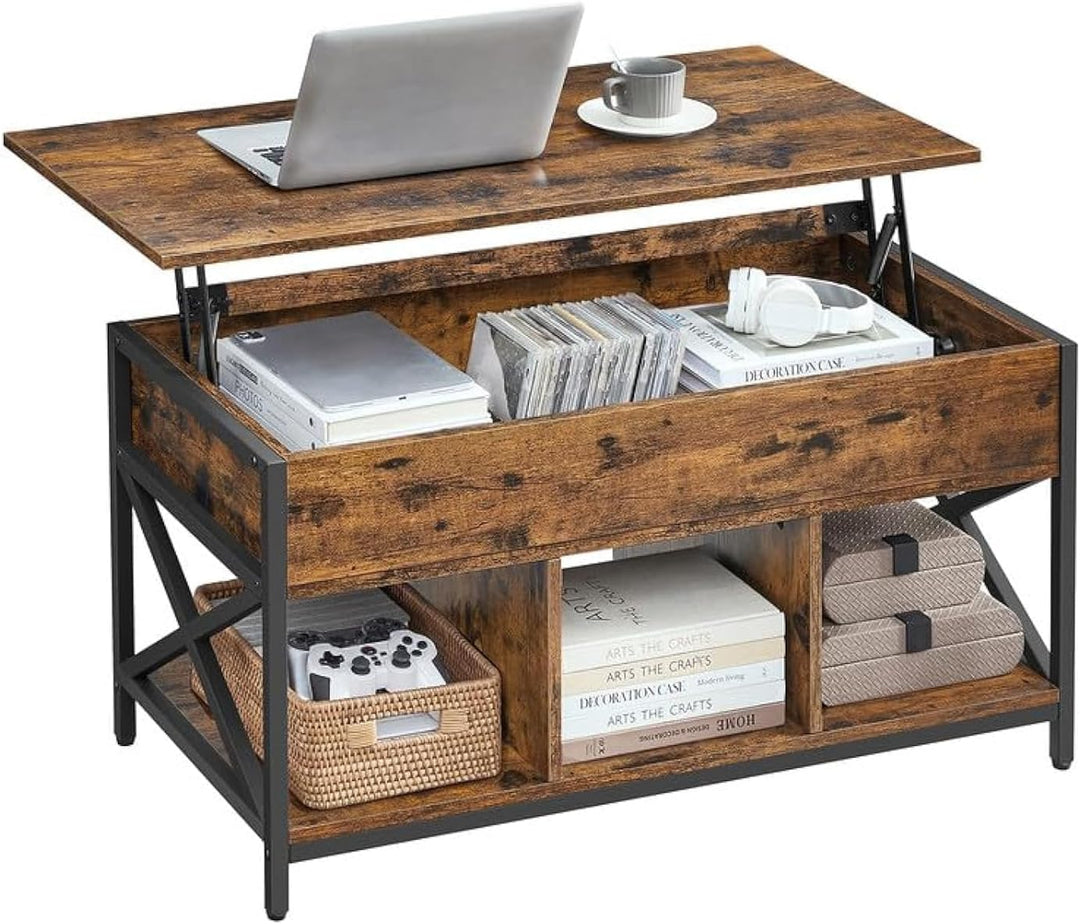 Lift-top sofabord i rustik brun og sort, med hævefunktion, skjulte rum og opbevaringshylde, mål 50 x 100 x (49-62) cm