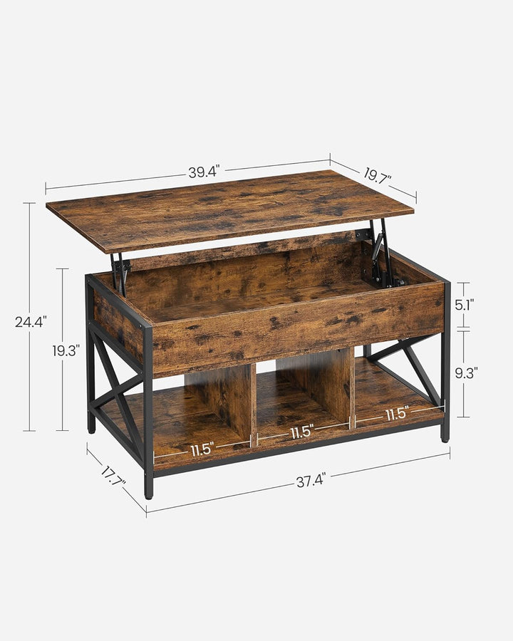 Lift-top sofabord i rustik brun og sort, med hævefunktion, skjulte rum og opbevaringshylde, mål 50 x 100 x (49-62) cm