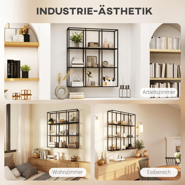 Industriel vægreol med 9 rum, metalhylde til samleobjekter, ideel til boligindretning, sort